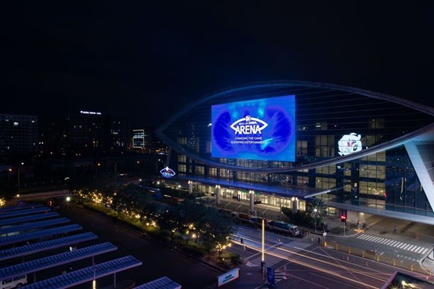 an led screen display at the top of a mall 