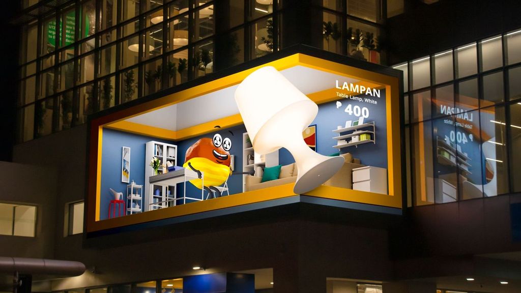 an led screen display of a cartoon version of living room